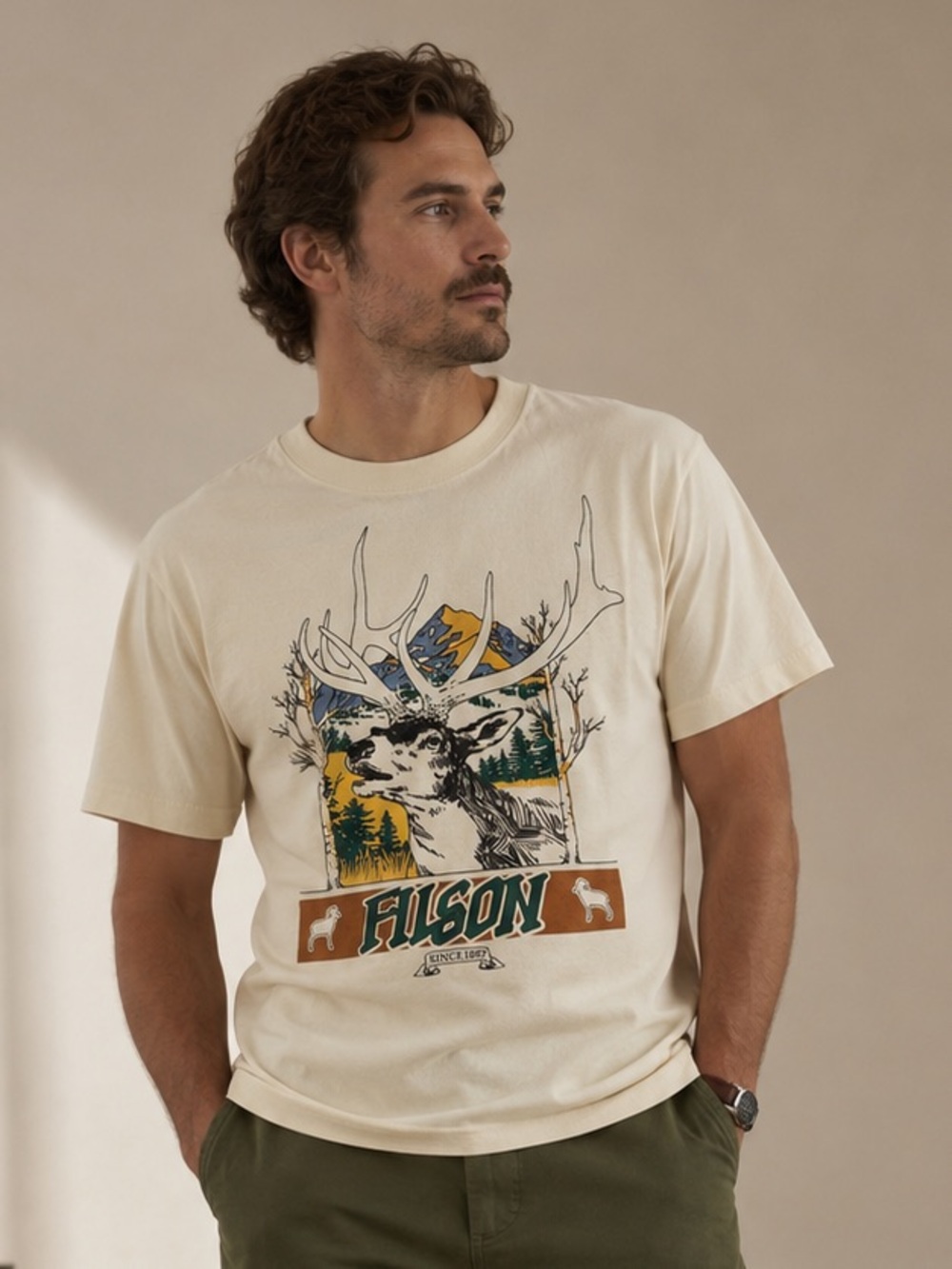 Filson Frontier Elk Graphic T-Shirt 100% Cotton Cream Sz S